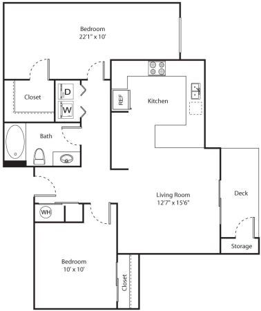 Floor plan for 2 beds, 1 bath, 917 sqft